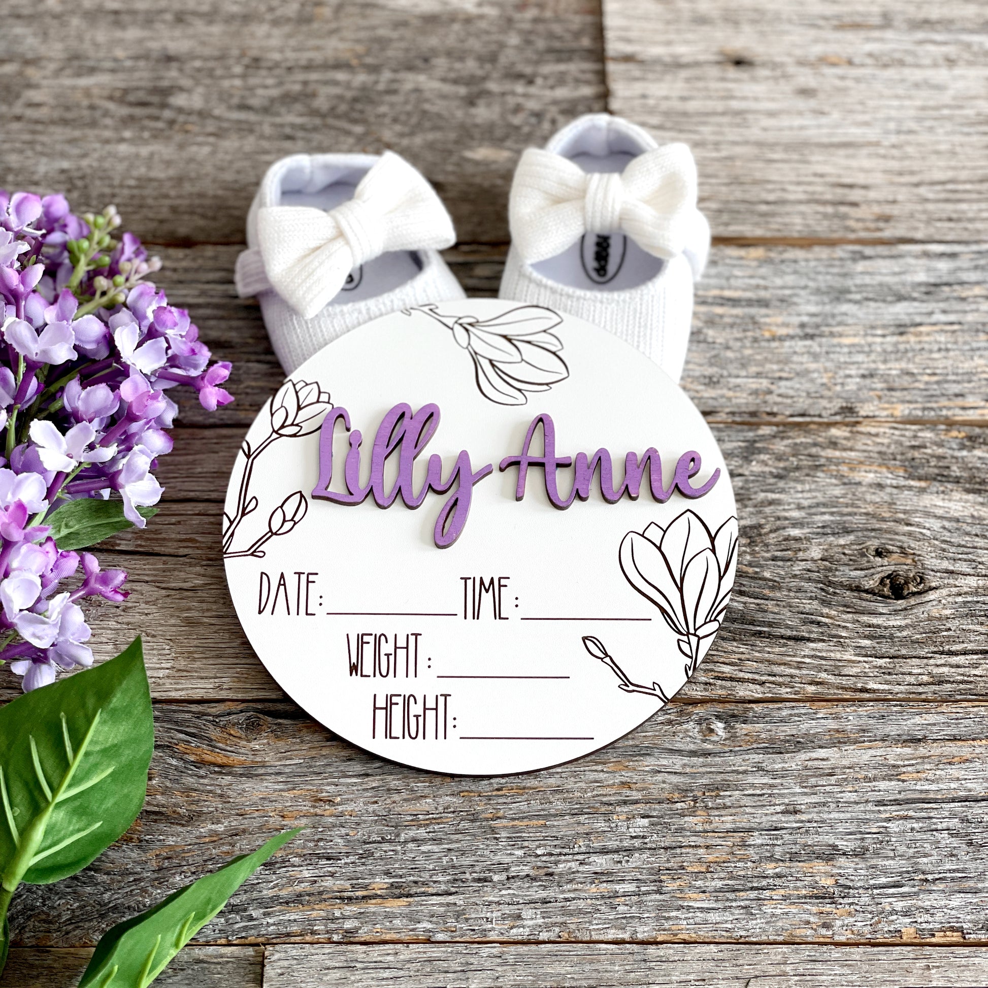 Custom laser engraved Baby Birth Announcement, Magnolia, Floral wood baby photo prop, white