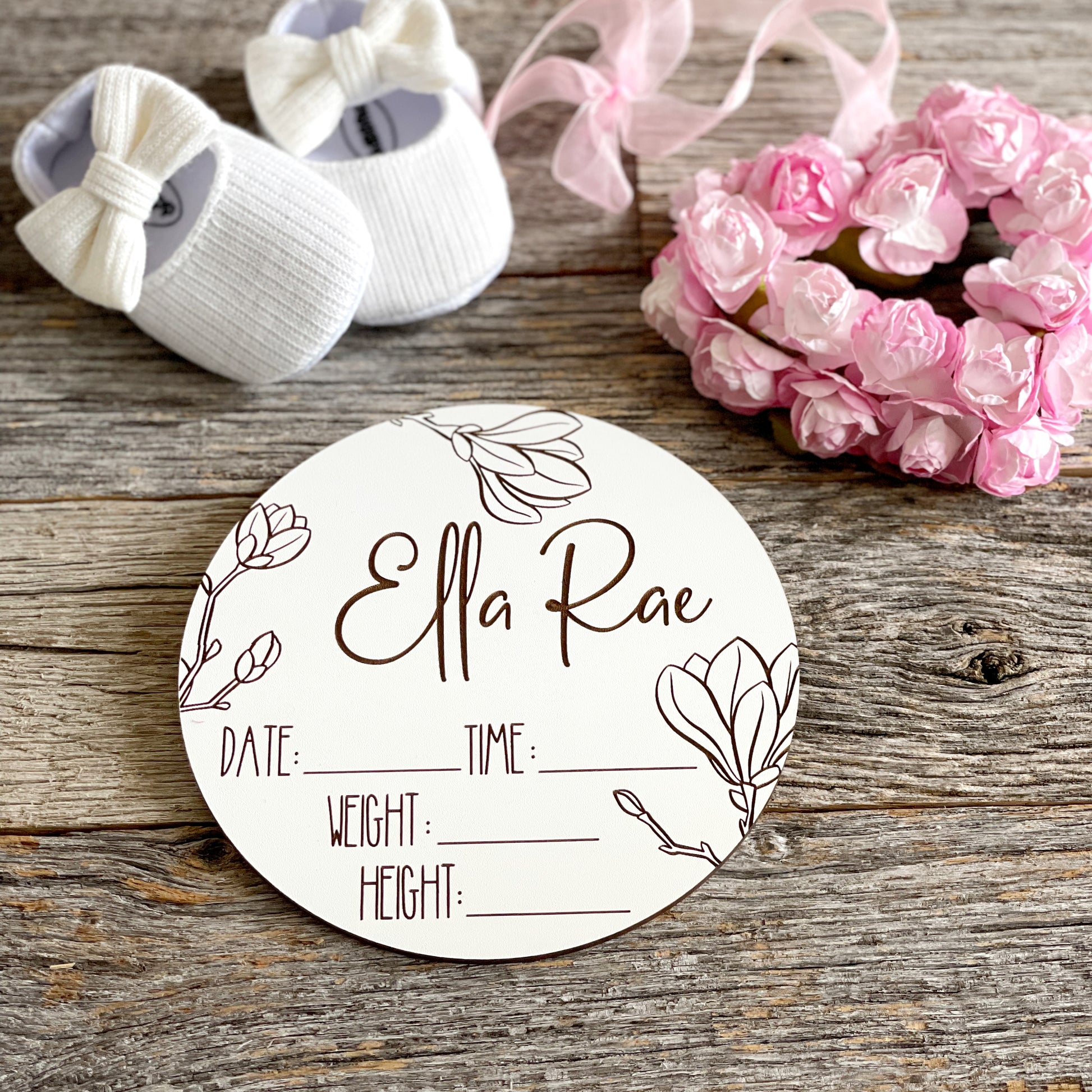 Custom laser engraved Baby Birth Announcement, magnolia, wooden baby gift, baby name