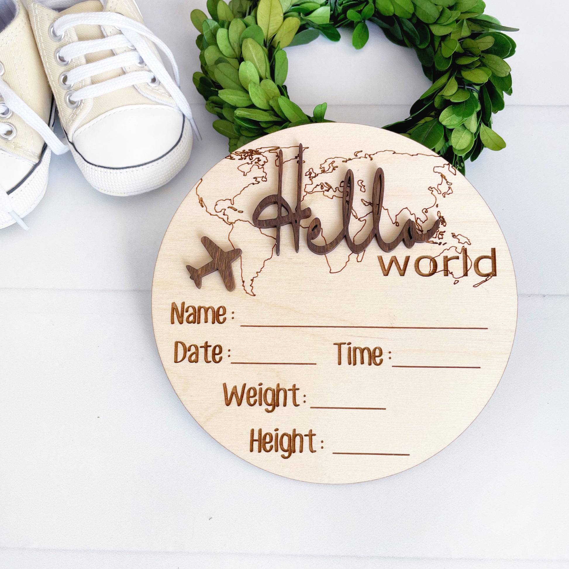 Personalized laser cut Baby Birth Announcement, World Traveler, Wood baby photo prop