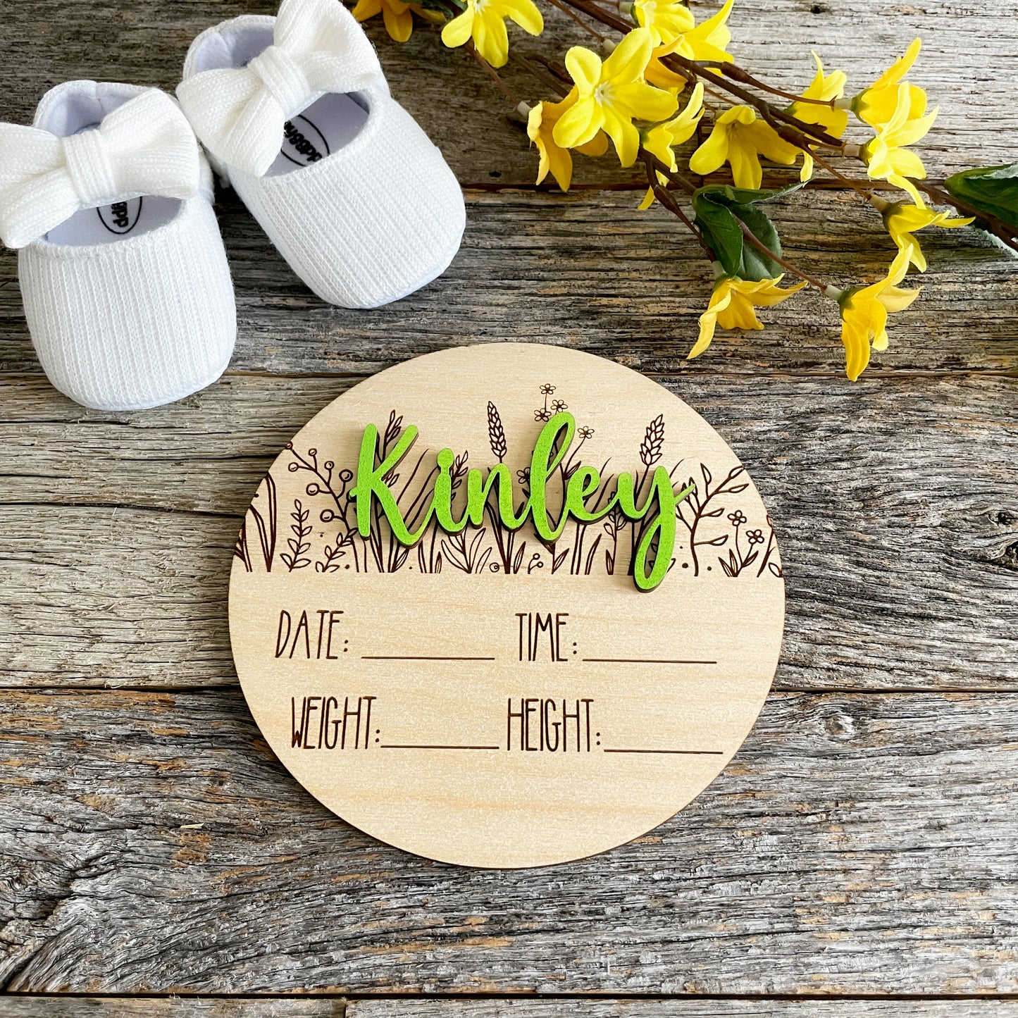 Custom laser engraved Baby Birth Announcement, wildflowers, Wood baby photo prop