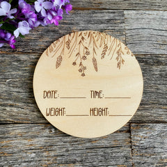 Custom laser engraved Baby Birth Announcement, wildflowers, Wood baby photo prop