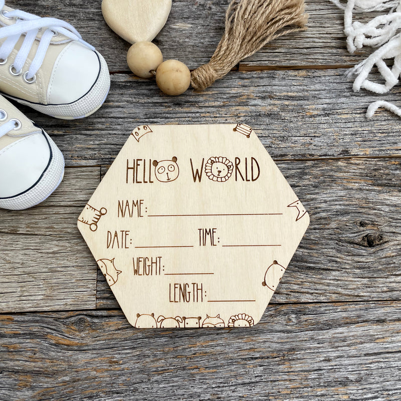 Laser engraved Baby Birth Announcement, adorable baby animals, wooden baby gift