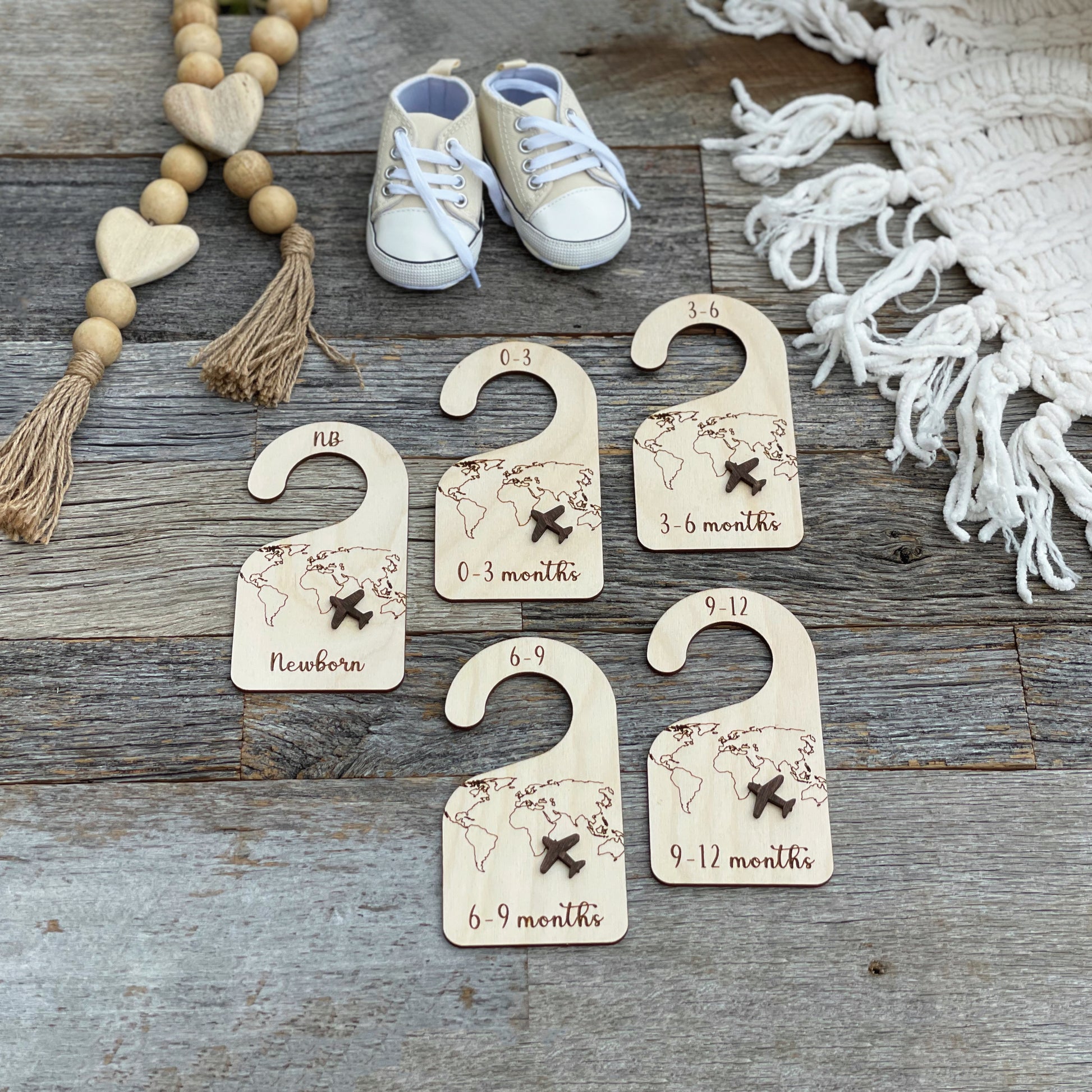 Baby closet dividers, laser engraved nursery clothes dividers, World Traveler wooden baby gift