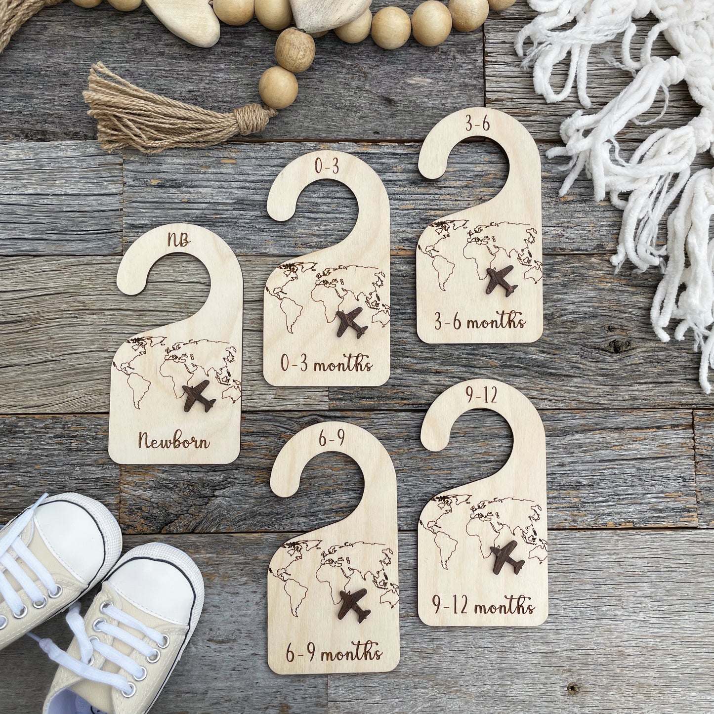Baby closet dividers, laser engraved nursery clothes dividers, World Traveler wooden baby gift