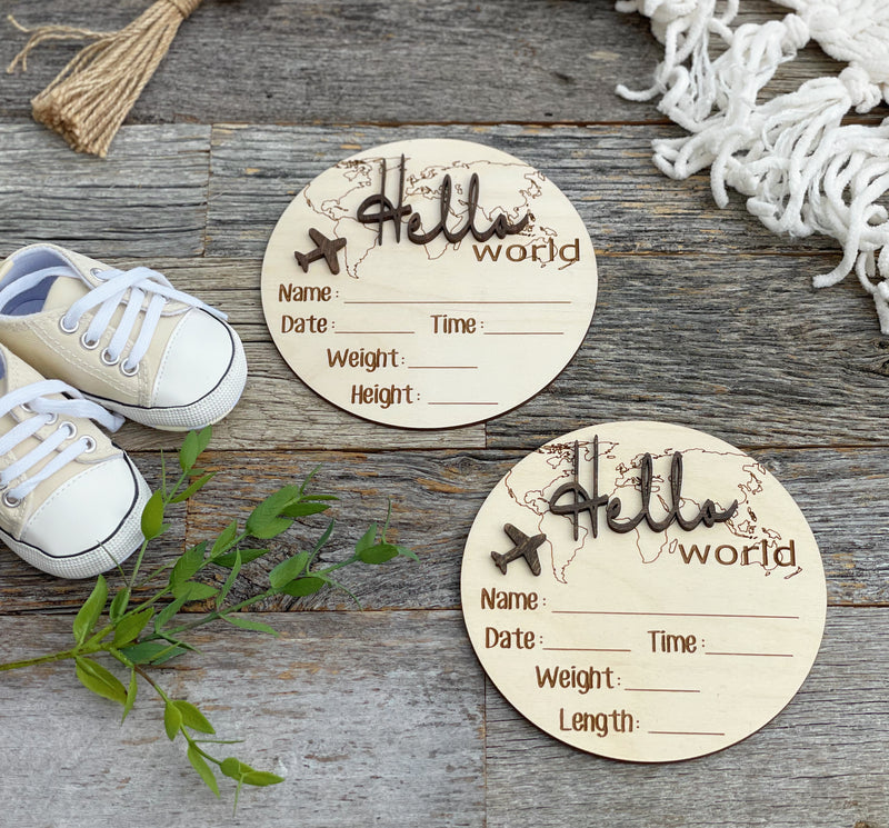 Personalized laser engraved Baby Birth Announcement, World Traveler, Wood baby photo prop