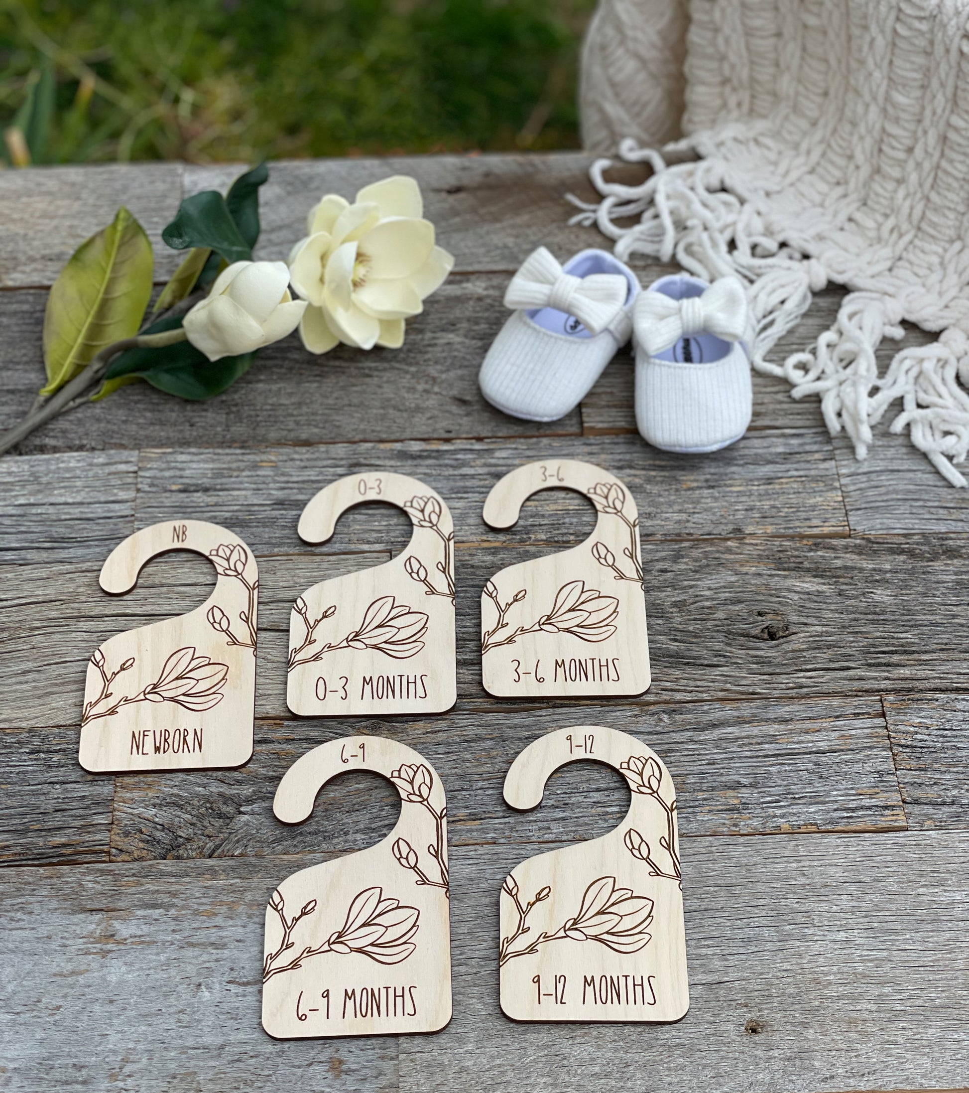 Baby closet dividers, laser engraved magnolia nursery clothes dividers