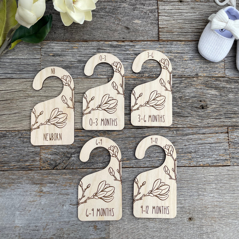 Baby closet dividers, laser engraved magnolia nursery clothes dividers, baby shower