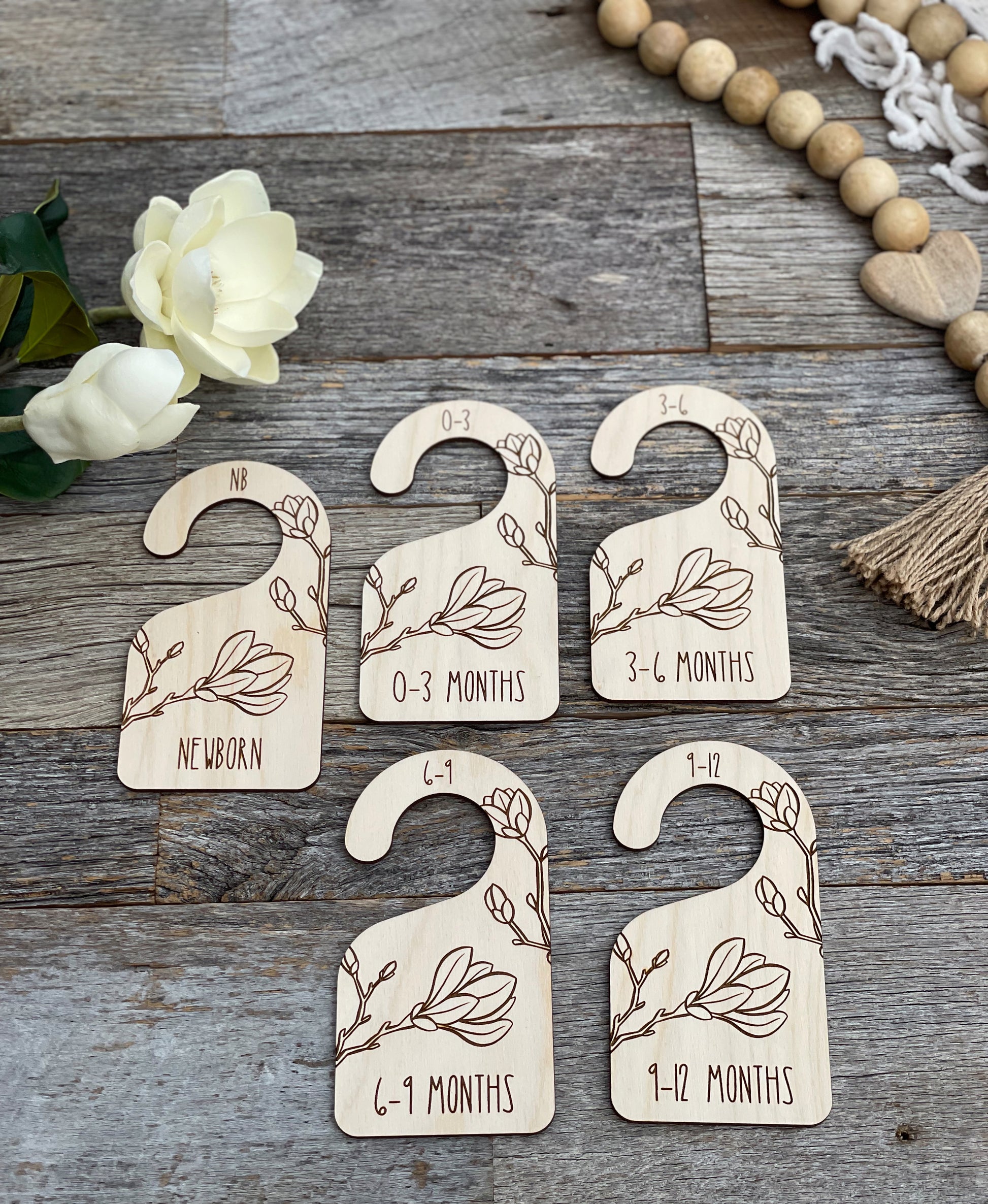 Baby closet dividers, laser engraved magnolia nursery clothes dividers