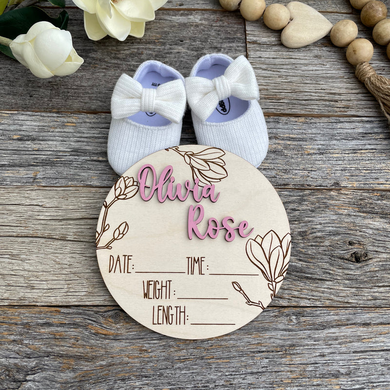 Custom laser engraved Baby Birth Announcement, Magnolia, Floral wood baby photo prop