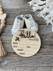 Personalized laser engraved Baby Birth Announcement, World Traveler, Wood baby photo prop