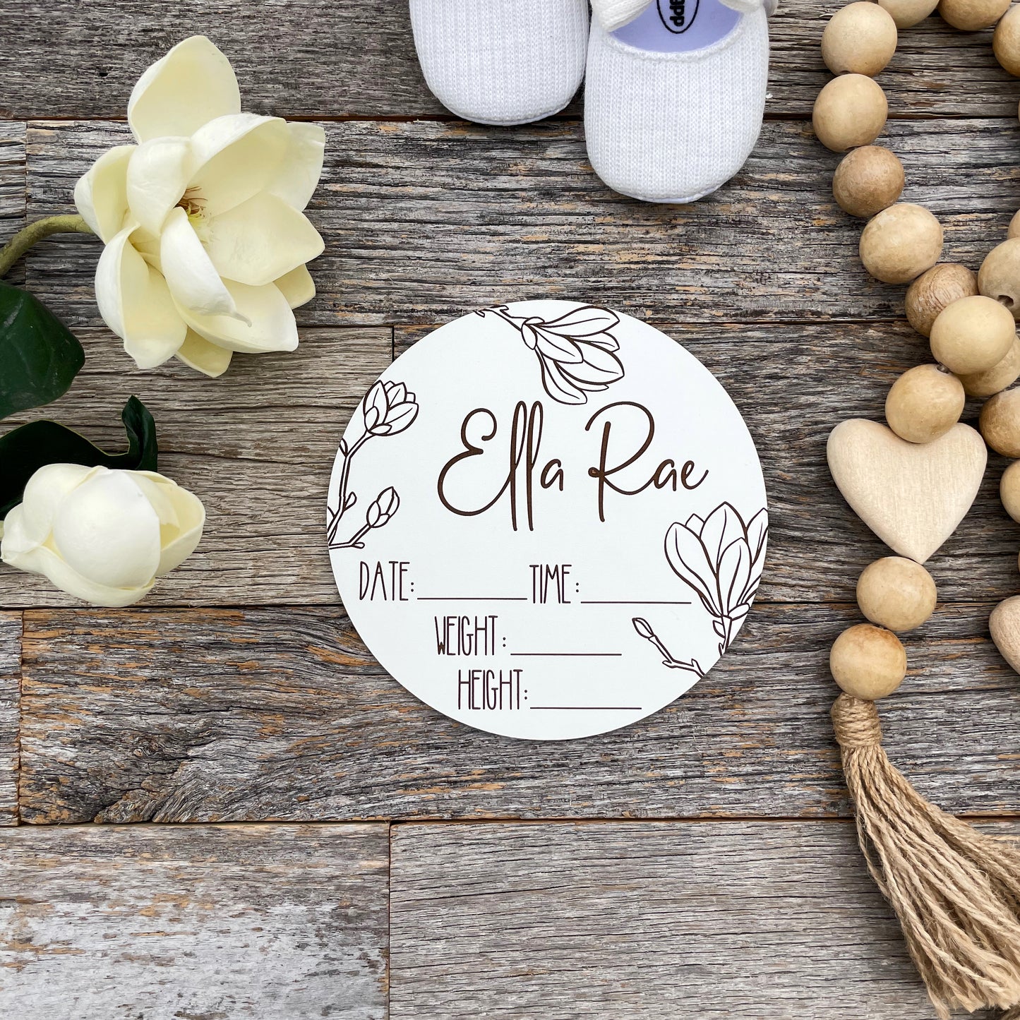 Custom laser engraved Baby Birth Announcement, magnolia, wooden baby gift