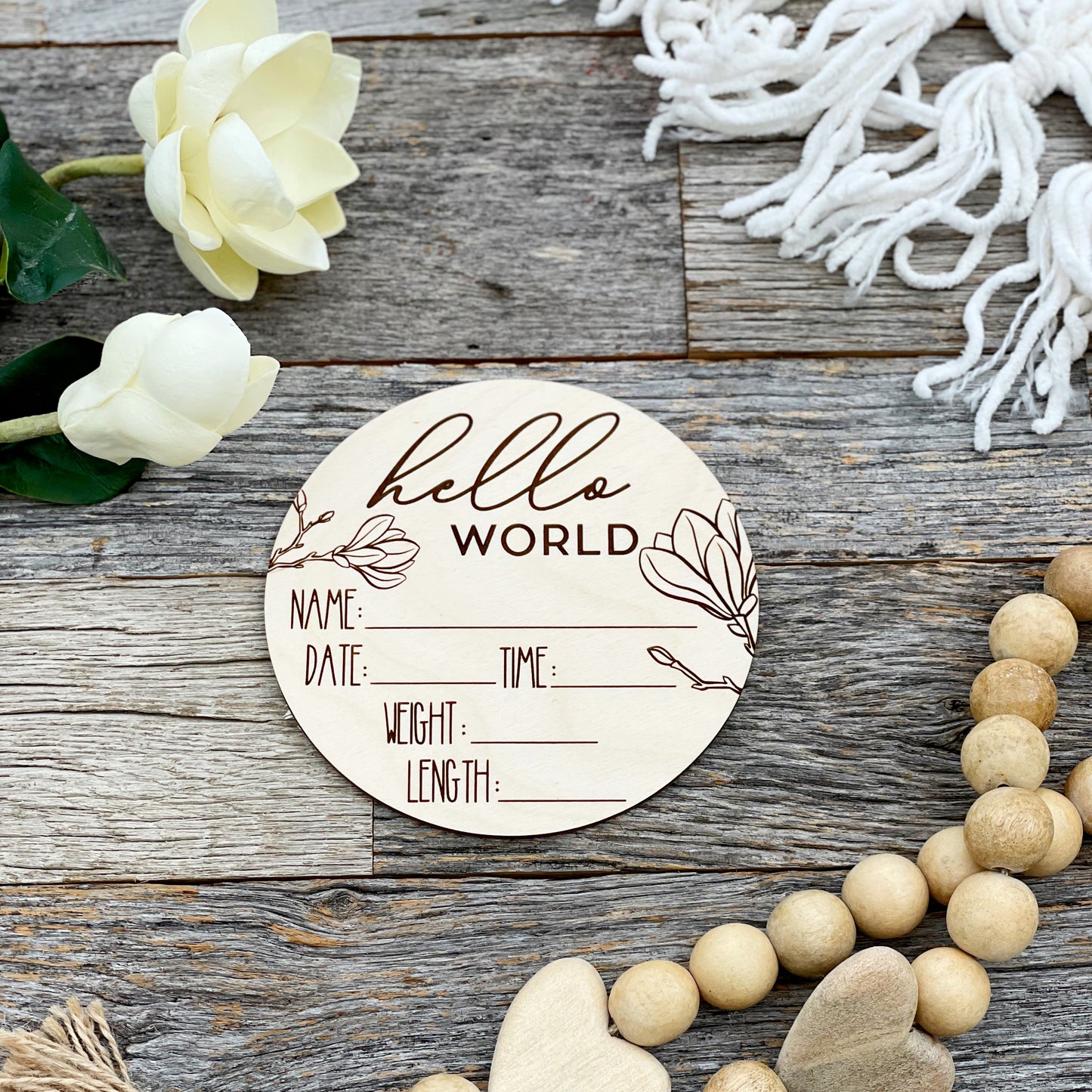 Laser engraved Baby Birth Announcement, magnolia, wooden baby gift, Hello World, baby name announcement