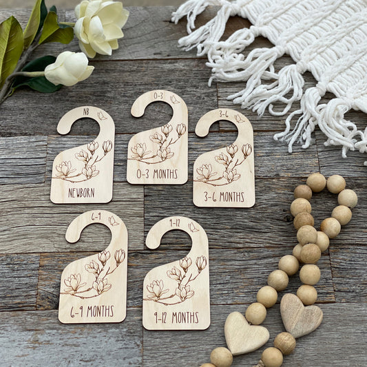 Baby closet dividers, laser engraved magnolia nursery clothes dividers, wooden baby gift