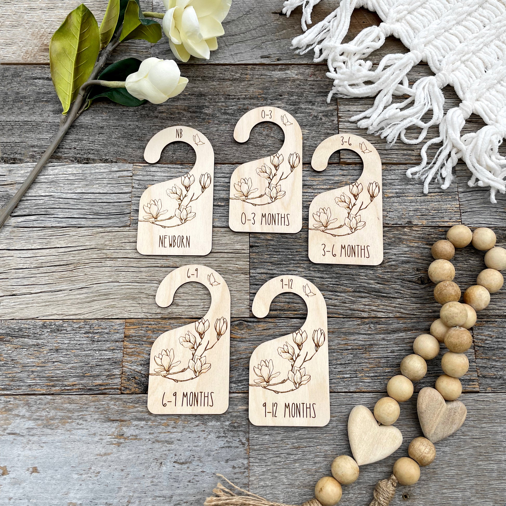 Baby closet dividers, laser engraved magnolia nursery clothes dividers, wooden baby gift