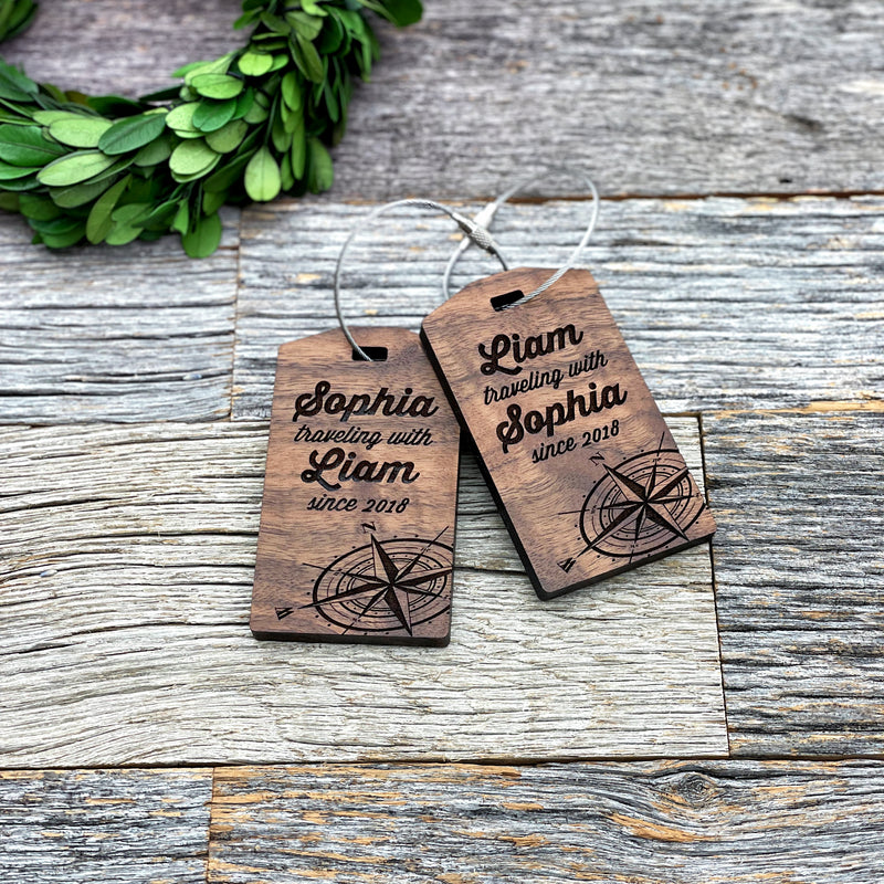 Laser engraved luggage tags for couples, custom wood luggage tags for couples