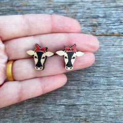 Adorable cow laser cut stud earrings, laser engraved cow with headband studs