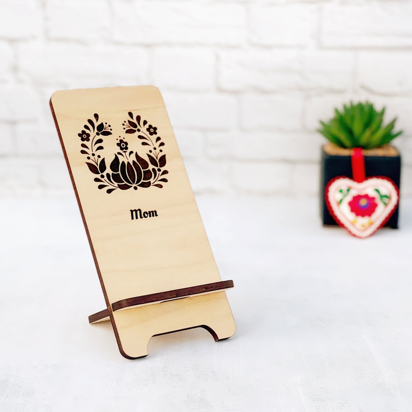 Laser Engraved Phone Stand, custom wood cell phone stand with Hungarian floral folk motif