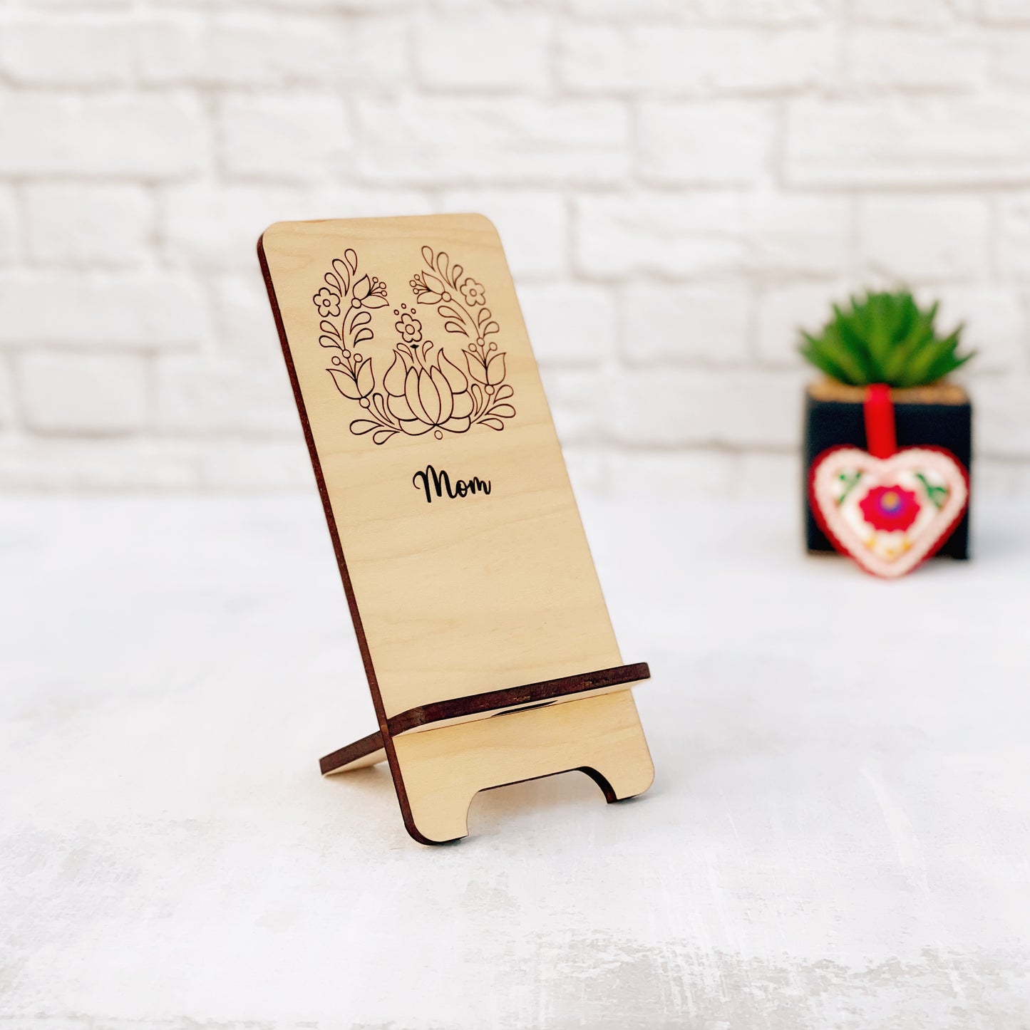 Laser Engraved Phone Stand, custom wood cell phone stand with Hungarian motif