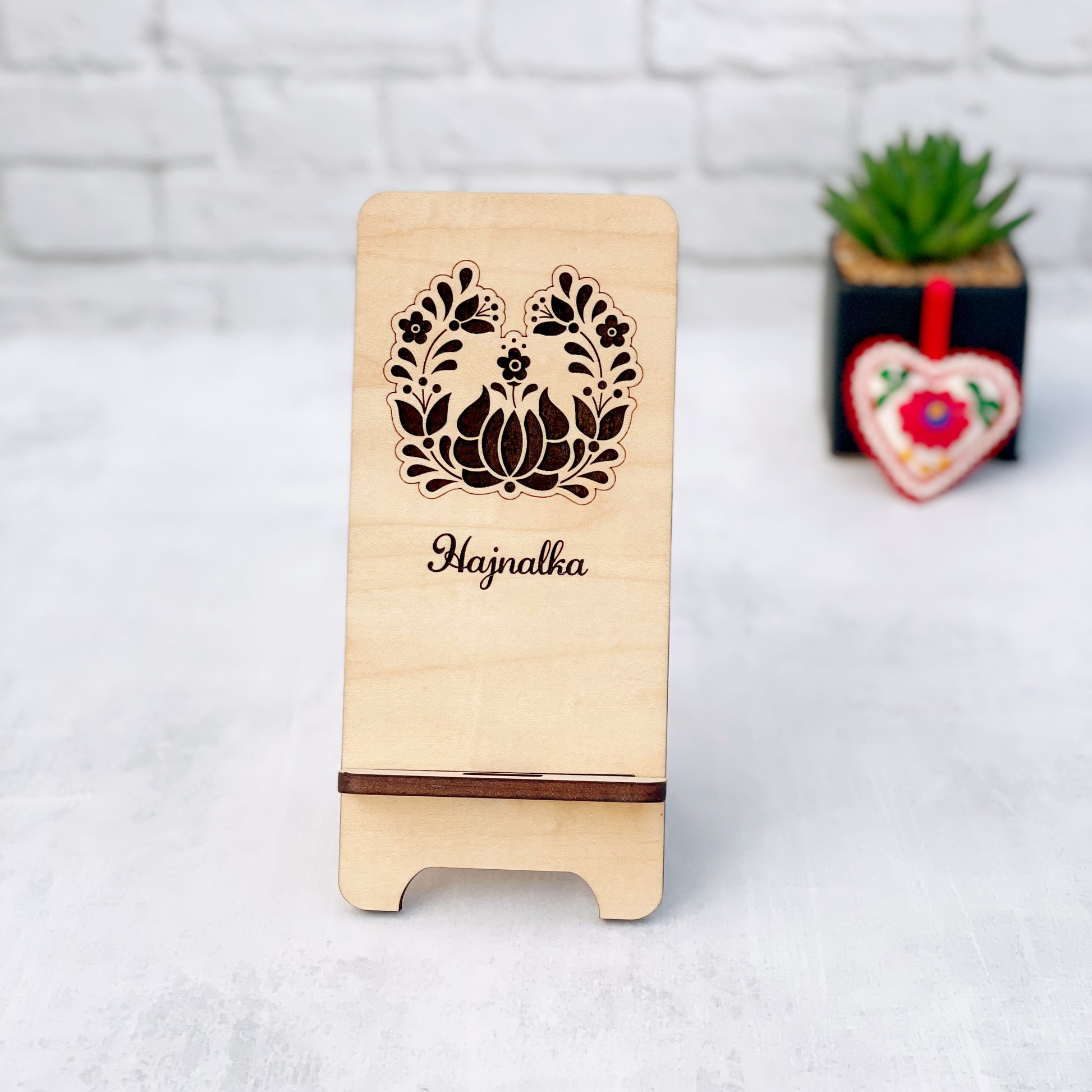 Laser Engraved Phone Stand, custom wood cell phone stand with floral folk motif