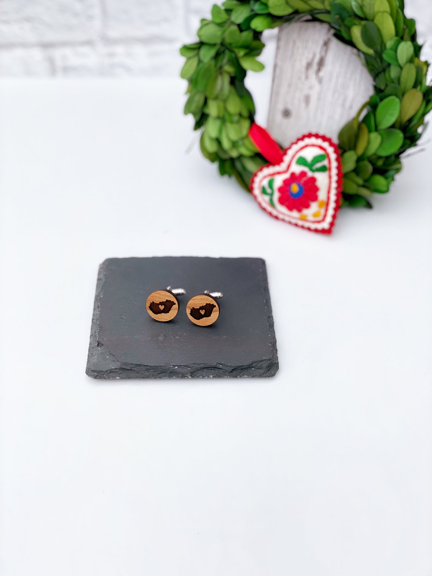 Engraved wood Hungarian cufflinks, Hungary cufflinks with tiny heart