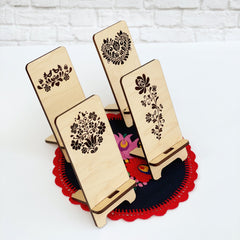 Laser Engraved Phone Stand, custom wood phone stand with Hungarian floral folk motif