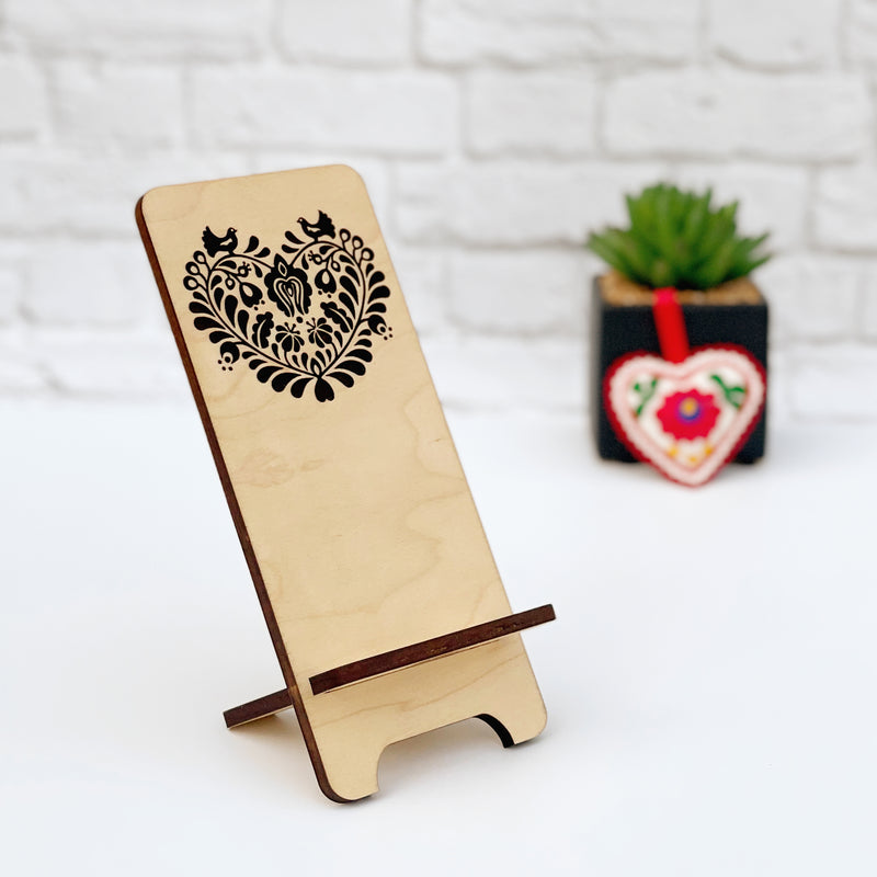 Laser Engraved Phone Stand, custom wood cell phone stand with Hungarian floral folk motif