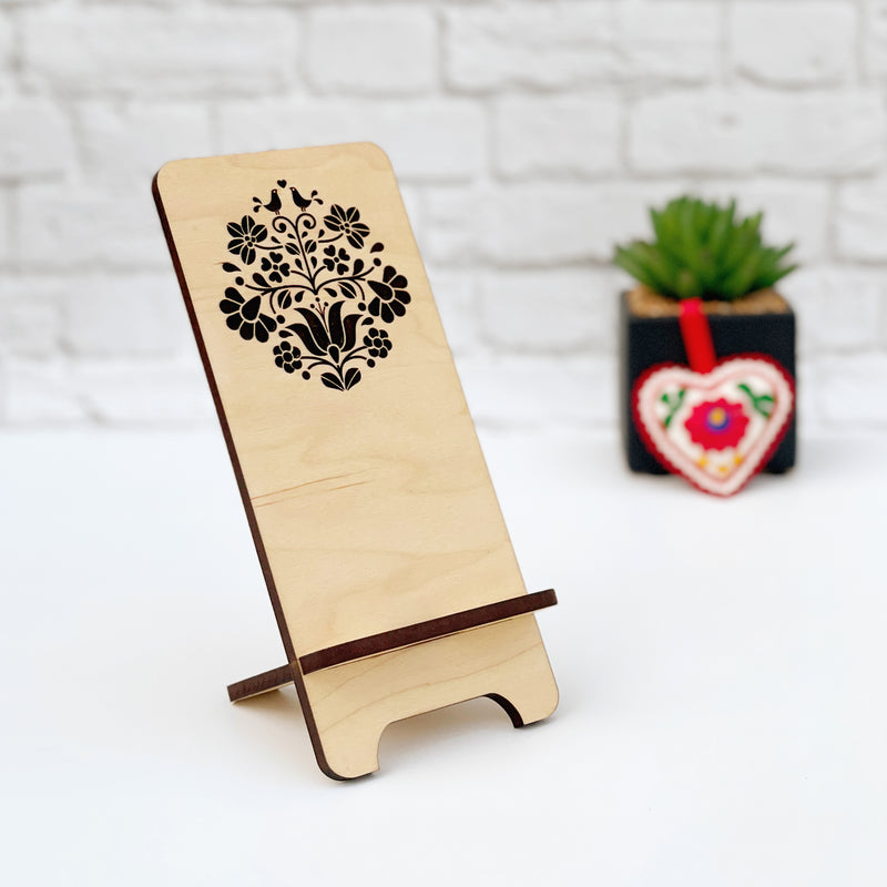 Laser Engraved Phone Stand, custom wood phone stand with Hungarian floral folk motif