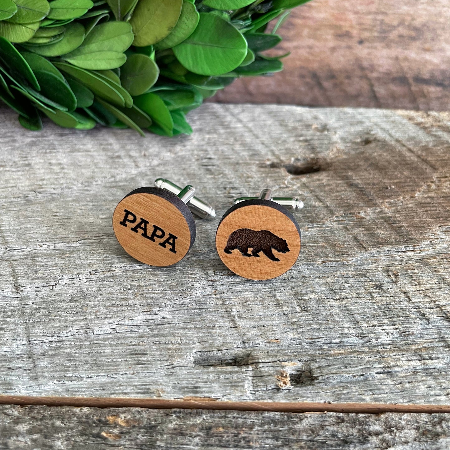 Engraved wooden cufflinks, Papa Bear