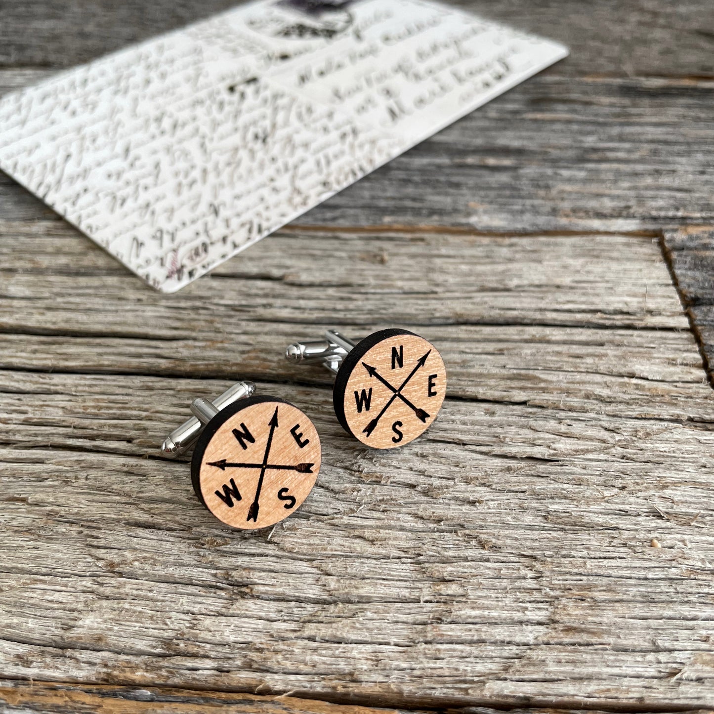 Laser engraved wooden cufflinks with compass
