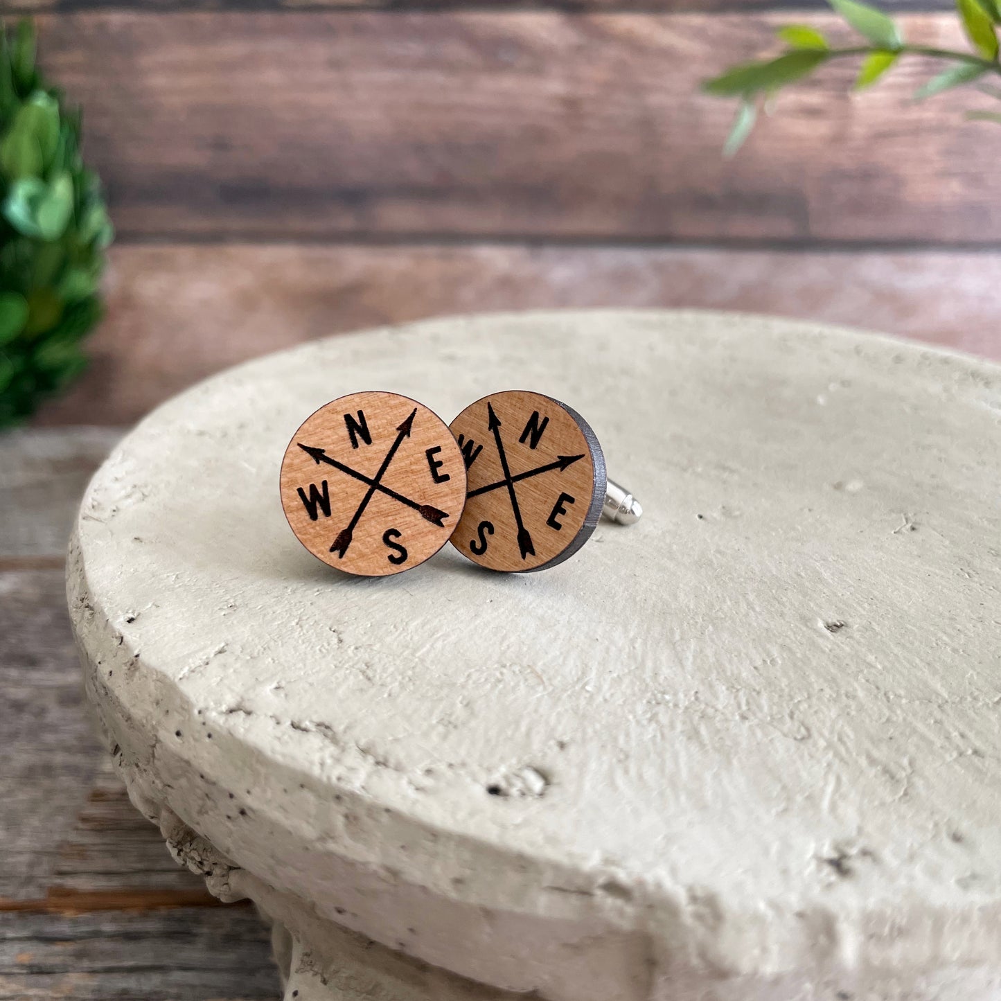 Laser engraved wooden cufflinks with compass