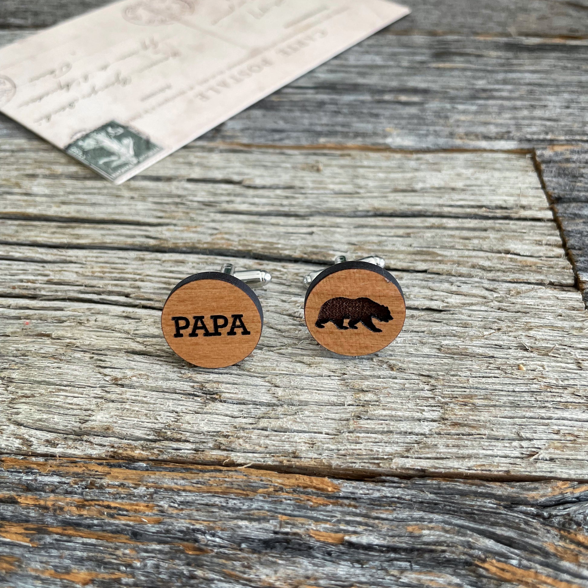 Engraved wooden cufflinks, Papa Bear