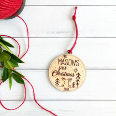Baby's first Christmas engraved keepsake wooden ornament with cute reindeer, customizable with first name and year