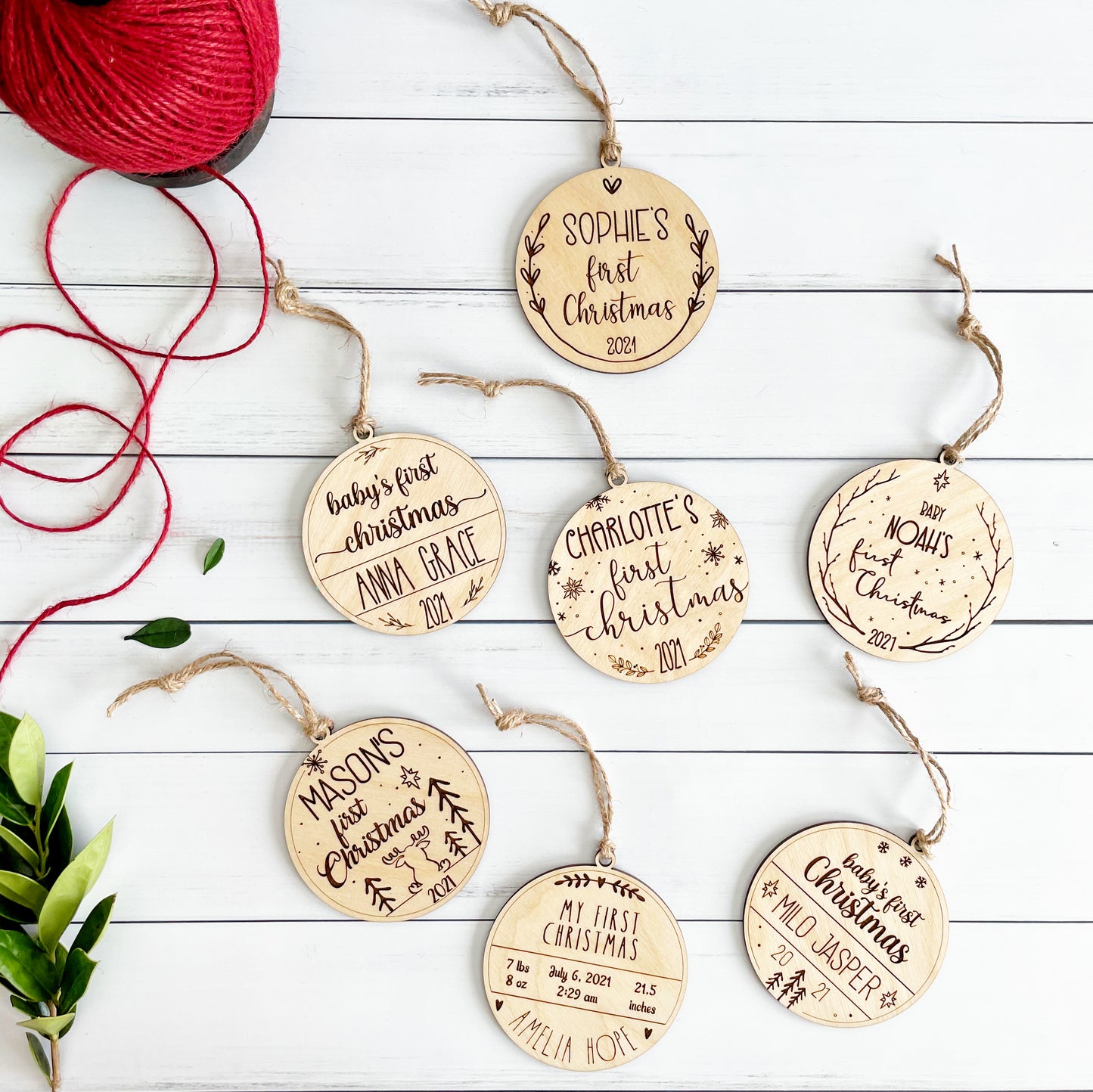 Baby's first Christmas engraved keepsake wooden ornament, customizable with first name and year