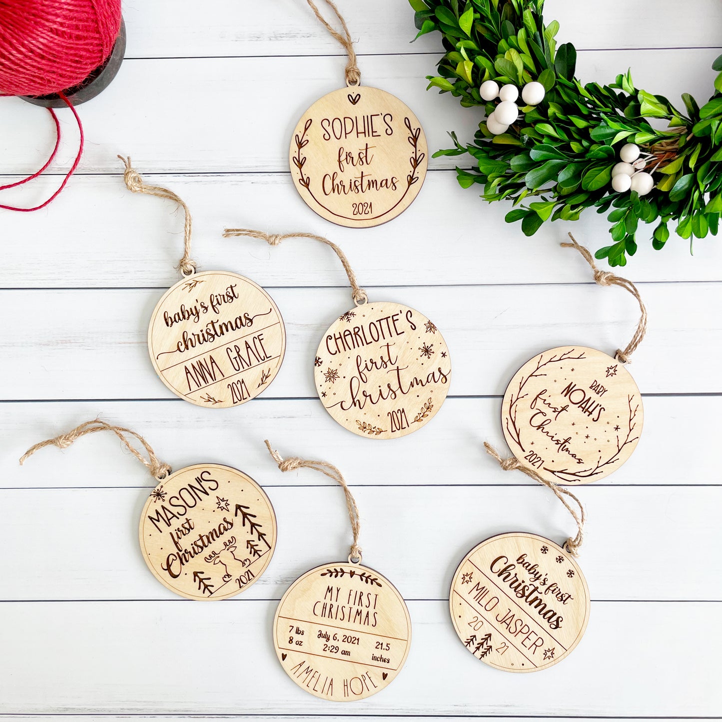 Baby's first Christmas engraved keepsake wooden ornament, customizable with date, time, weight and height