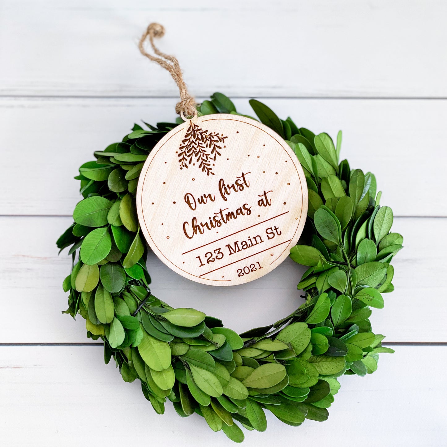 Our first Christmas engraved keepsake wooden ornament for Couples, customizable with names and address