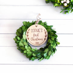 Baby's first Christmas engraved keepsake wooden ornament,