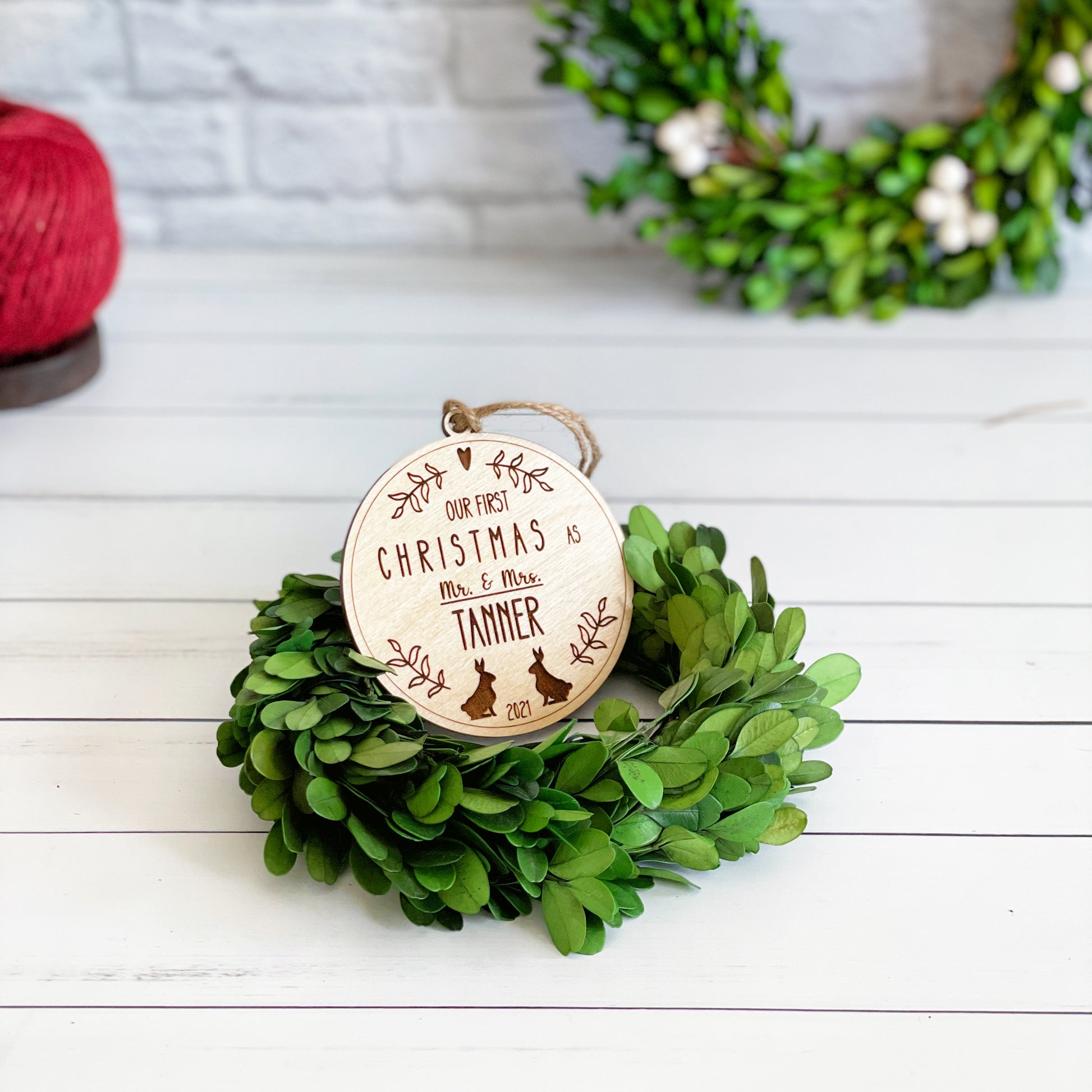 Our first Christmas custom engraved keepsake wooden ornament for Couples