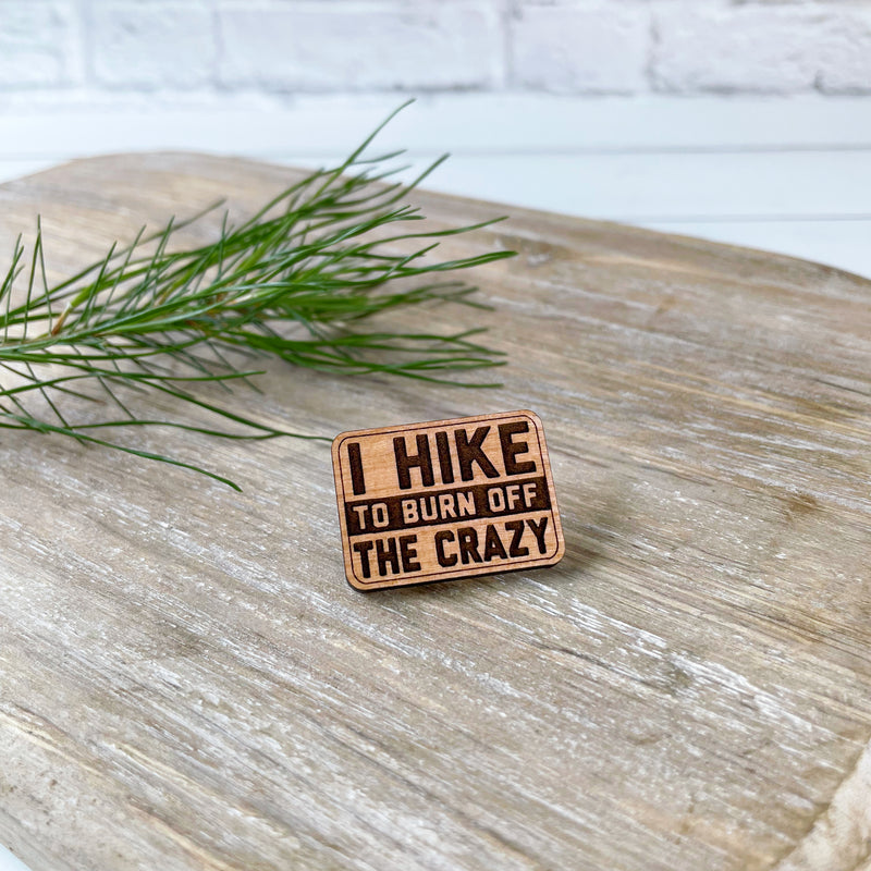 Engraved wood pin, outdoor activities pin, laser engraved funny pins