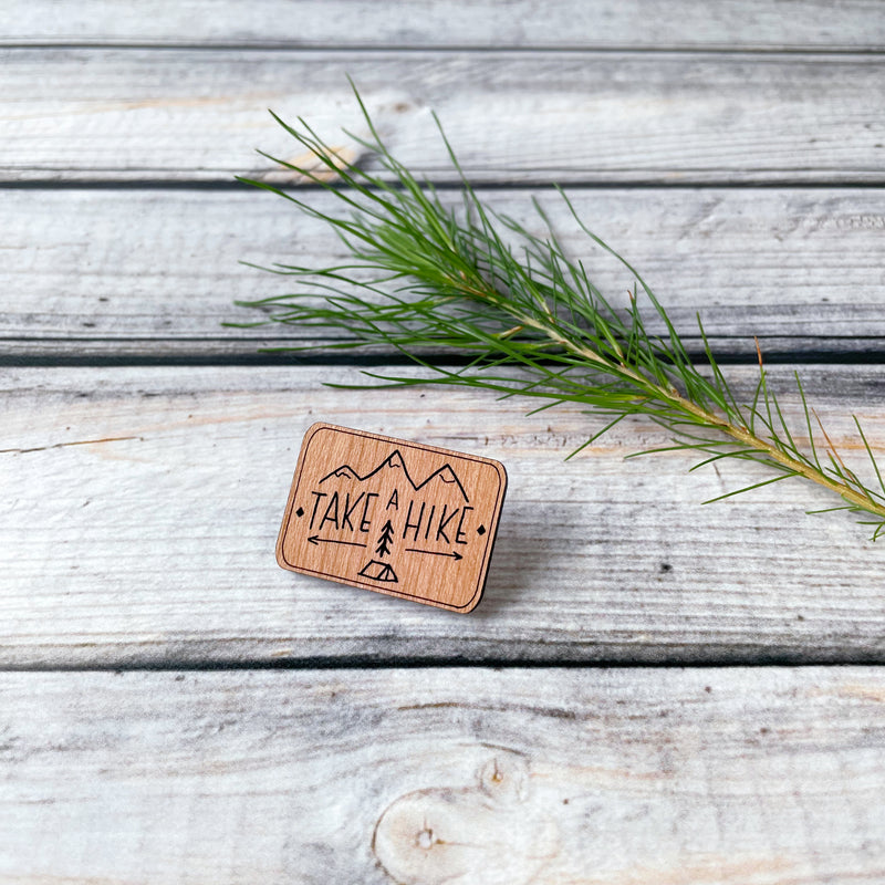 Engraved wood pin, gift for hikers, hiking, outdoor activities pin, laser engraved funny pins 