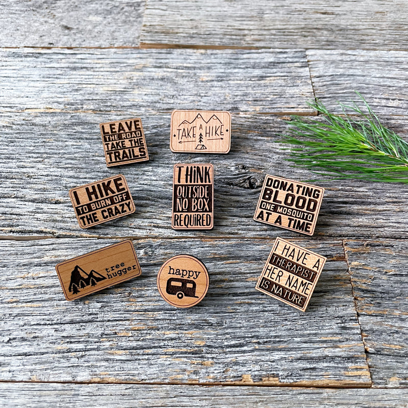 Engraved wood pin, nature lovers, outdoor activities pin, laser engraved wood pins