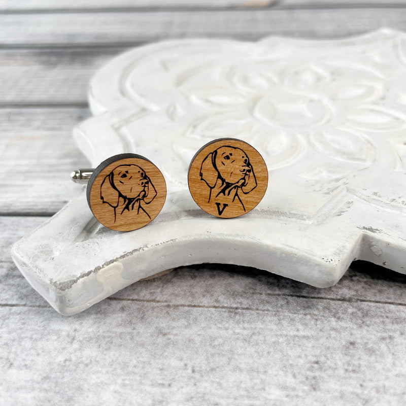 Engraved wooden cufflinks with drawing of Vizsla