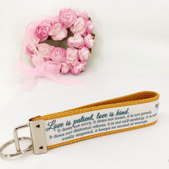 Love is patient love is kind, Key fob, Corinthians 13:4-8, keychain, wristlet, wedding, christian key fob, engagement, wedding shower - Bloom And Anchor