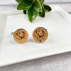 Engraved wooden cufflinks with drawing of Vizsla