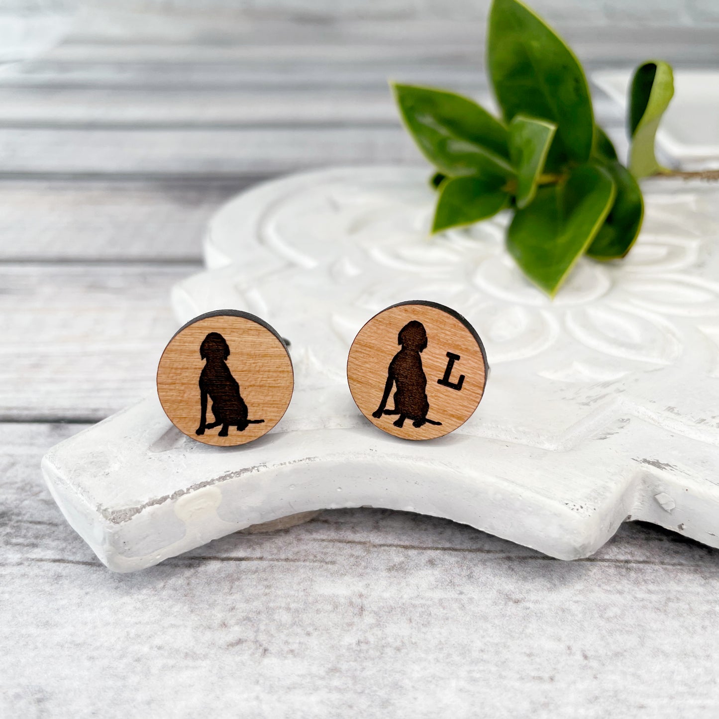 Engraved wooden cufflinks with a Vizsla silhouette
