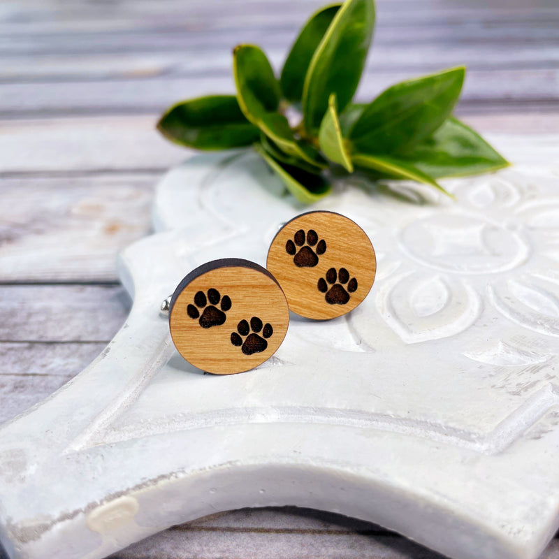 Engraved wooden cufflinks with paw prints