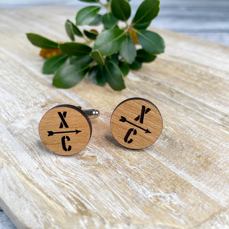 Engraved wood cufflinks for Cross Country runners, athletes