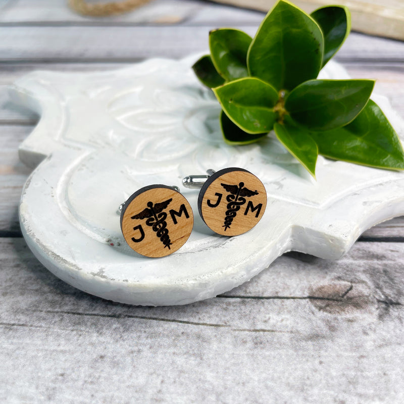 Laser engraved personalized wooden cufflinks with Caduceus