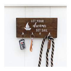 Let your dreams set sail nautical key holder for wall with 4 hooks, wooden key holder, nautical wooden key rack - Bloom And Anchor