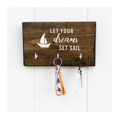 Let your dreams set sail nautical key holder for wall with 3 hooks, wooden key holder, nautical wooden key rack - Bloom And Anchor