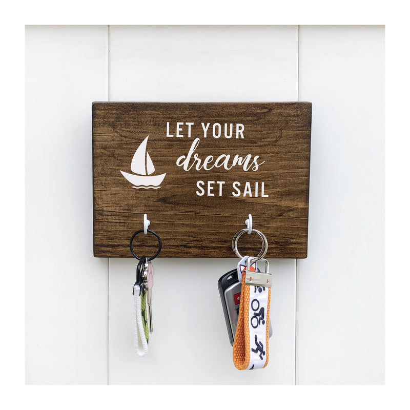 Let your dreams set sail nautical key holder for wall with 2 hooks, wooden key holder, nautical wooden key rack - Bloom And Anchor